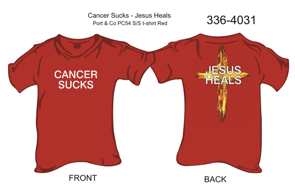 T-Shirt, Short Sleeve, Cancer Sucks/Jesus Heals (red)