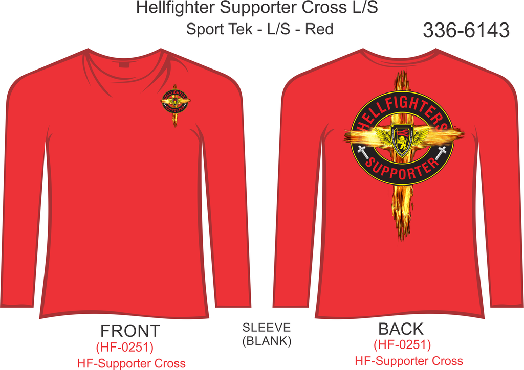 T-Shirt, Long Sleeve, Hellfighter Supporter w/Cross, Blank Sleeves (Sport Tek) - Red